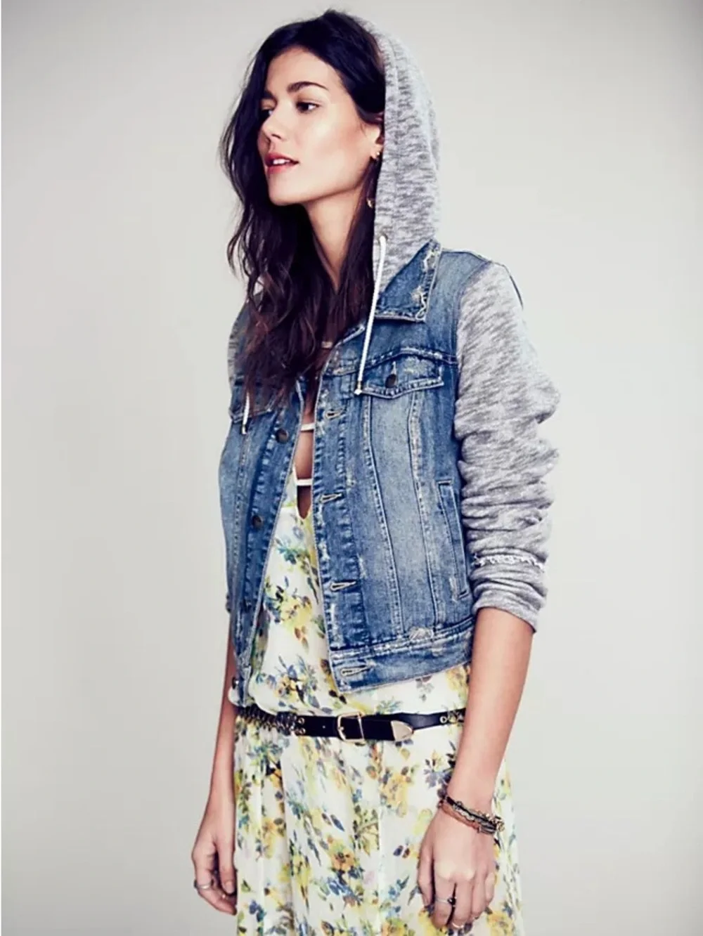 Free People Knit Hooded Denim Jacket with Blue Grey Sleeves - Small